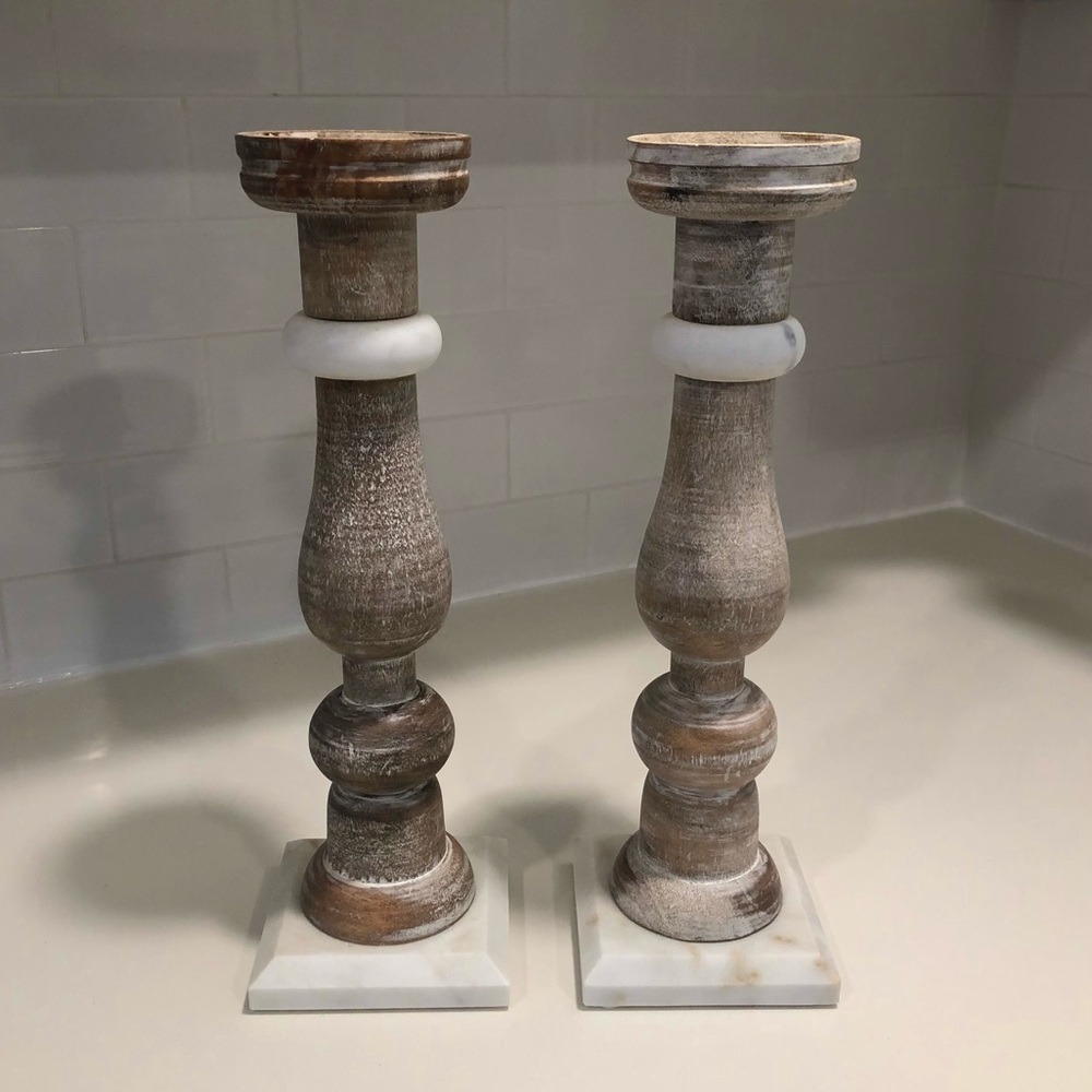 Wood and marble candleholders (2)